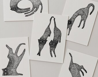 Minimal Cat Postcard Set of 6 - A6 Art Postcards - Black Ink Cat Illustration - Gift for Cat Lover