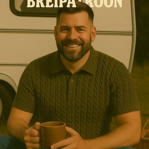 Op de afbeelding: Een man in een groen kabelgebreide poloshirt, met een bruine mok in zijn handen. De afbeelding bevat de tekst "MAX DRAAD POLO BREIPATROON" en het "WOOLPORN" logo met breinaalden en garen.