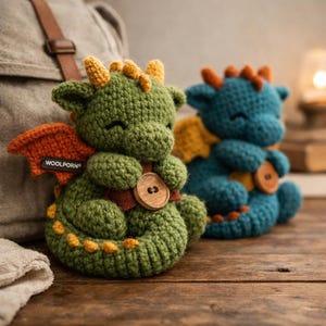 May include: Two crocheted dragon toys. One is green with orange wings and yellow accents, the other is blue with yellow wings and orange accents. Each dragon has a wooden button and the text "WOOLPORN" on the wing.