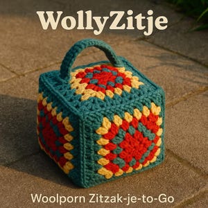 May include: A square, crocheted ottoman with a handle. The ottoman is teal with red and yellow geometric patterns. The text "WollyZitje" is at the top, and "Woolporn Zitzak-je-to-Go" is at the bottom.