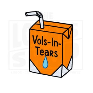 May include: Orange juice box with a black and white straw. The box has the words "Vols-In-Tears" in black text with a blue teardrop graphic. The box is orange with white and black accents.