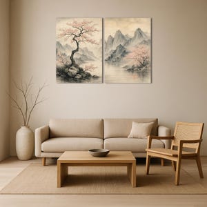 Kiri – Japanese Cherry Blossom Diptych, Zen Landscape Wall Art Set of 2, Minimalist Printable Digital Download, Sakura Mountain Decor