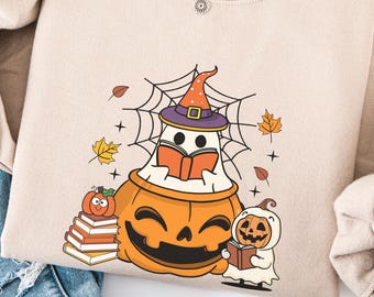 Kürbis-Kaffeetassen-Sweatshirt, Kaffeetassen-Sweatshirt, Geist-Lesebücher-Sweatshirt, Bibliothekar-Geist, gruseliger Halloween-Hoodie, Kaffee-Liebhaber
