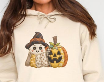 Retro Patchwork Halloween Pumpkin Sweatshirt,Patchwork Ghost Hoodie, Spooky Season Sweater, Halloween Cute Women Outfit, Halloween Gift