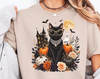 Schwarzes Katzen-Halloween-Shirt, Gruseliges Katzenliebhaber-T-Shirt, Süßes Kürbis-Hexen-T-Shirt, Herbstliches Shirt mit Blumenmuster, Halloween-Geschenk, Leopardenkatze