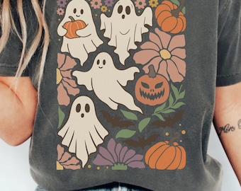 Comfort Colors®Cute Floral Ghosts Shirt,Halloween Pumpkins Shirt,Women's Halloween Tee,Pumpkin Season Tee,Retro Ghost Shirt,Pumpkin Fall Tee