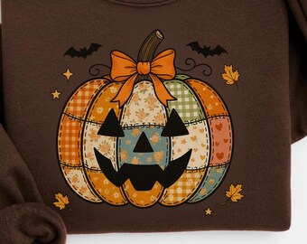 Retro Patchwork Halloween Pumpkin Sweatshirt, Halloween Pumpkin Hoodie, Spooky Season Sweater, Halloween Cute Women Outfit, Halloween Gift