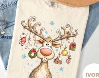 Comfort Colors® Vintage Rentier-Shirt, süßes Weihnachts-T-Shirt, Weihnachts-Shirt mit Rentiermotiv, Wintergeschenk für Sie