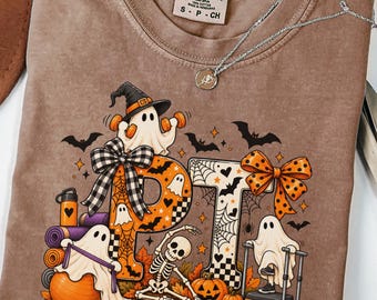 Halloween-Shirt für Physiotherapeuten, T-Shirt mit PT Comfort Colors-Motiv, Gruseliges Physiotherapie-T-Shirt, Herbstgeschenk für Therapeuten mit Geister-Workout-Motiv