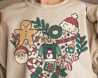 Christmas Icons Sweatshirt - Feiertagskeks, Baum, Strumpf & Rentier-Hoodie