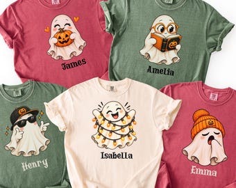 Personalisiertes Halloween-Geister-Shirt, T-Shirt mit individuellem Namen, 15 Geistermotive zur Auswahl, süßes, gruseliges Familien-T-Shirt