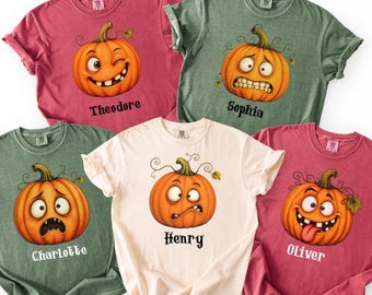 Personalisiertes Halloween-Kürbis-Shirt, T-Shirt mit individuellem Namen, lustiges Kürbisgesicht-T-Shirt, passende Halloween-Shirts für die ganze Familie