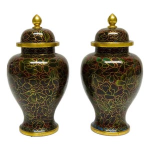 Small Enameled Brass Cloisonné Ginger Jars a Pair