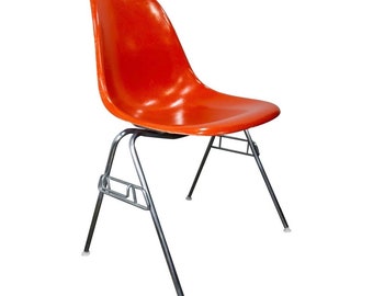 Mid Century Modern Red Orange Fiberglass Eames Stacking Chair for Herman Miller