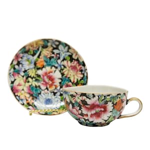 Qing Dynasty Chinese Famille Noire Porcelain Milefleur Teacup & Saucer Set