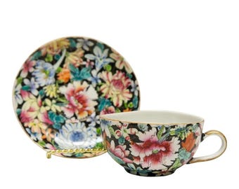 Qing Dynasty Chinese Famille Noire Porcelain Milefleur Teacup & Saucer Set