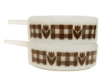 Vintage 14oz Glassbake Ovenware Milk Glass Brown Tulip Gingham Pattern