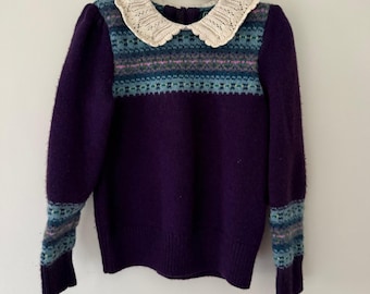 Polo Country Ralph Lauren paarse Fair Isle wollen trui gehaakte kraag maat 5
