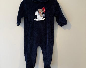 Samara Navy Blue Velour Teddy Bear Rocking Horse Footed Sleeper 6-9 Months