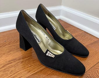 Zapatos de tacón de bloque Costablanca de ante negro con pedrería, fabricados en España, talla 8.5N 1133