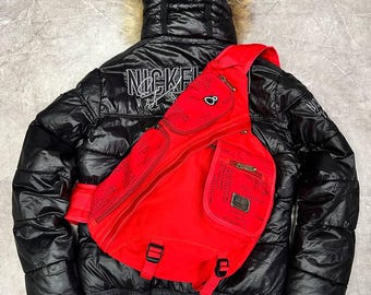 Mochila vintage roja multibolsillos estilo diésel GoldBe, estilo militar, bandolera vaquera, estilo Avantgarde AS 98, de cuero, Y2k, años 90, Japón, unisex.