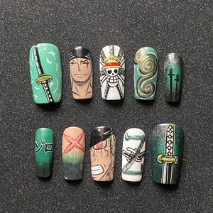 Zoro Roronoa Anime Press-On Nails – Handmade Character Nail Art Set, One Piece Manga Nails, Custom Cosplay Reusable Nails Unisex Man Nails