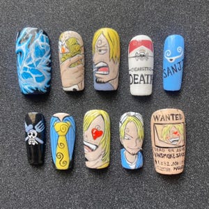 Sanji Anime Press-On Nails – Handmade Character Nail Art Set, One Piece Manga Nails, Custom Cosplay Reusable Nails Unisex Man Nails
