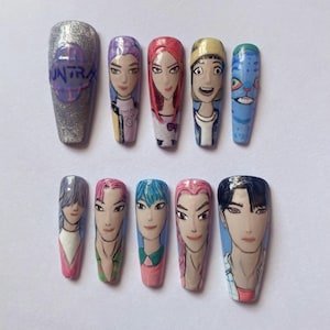 KPOP Demon Hunters Press On Nails | Hand Painted Nails | Saja Boys & HuntrX Design | Kpop Nail Art | Coffin Fake Nails