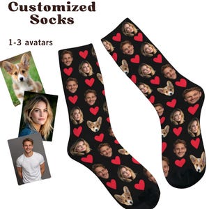 May include: Black socks with a repeating pattern of faces, red hearts, and a corgi's face. The text "Customized Socks" and "1-3 avatars" are at the top. The socks are displayed with three photos of a person and a corgi.