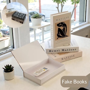 May include: A white box with a remote control inside, and several decorative books with the text "MATISSE" and "Henri Matisse". The books are stacked on a white surface. The text "Fake Books" is visible.