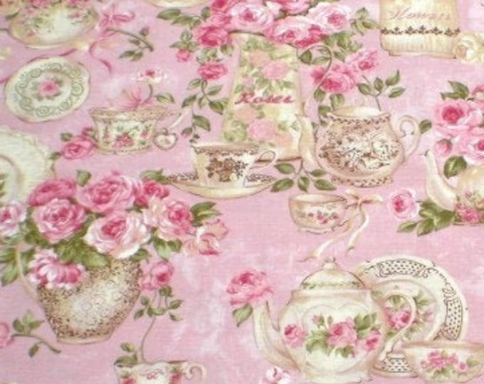 Cottage Pink Roses and Teapots Fabric Shabby Chic Rose Garden Etsy