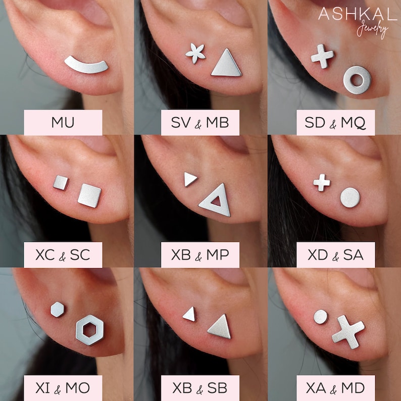 May include: Nine pairs of silver earrings with different geometric shapes, including a star, triangle, circle, square, plus sign, and hexagon. The earrings are displayed on a white background with the text "ASHKAL Jewelry" and the names of each pair of earrings.