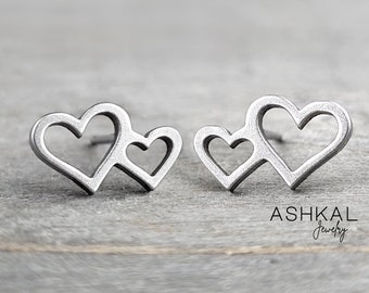 Double Heart Stud Earrings: Surgical Steel Minimalist Design. Gift for New Mom