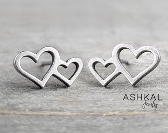 Double Heart Stud Earrings • Hypoallergenic Heart Earrings • Stainless Steel Stud Earrings • Big Heart Small Heart • Minimalist Gift For Mom