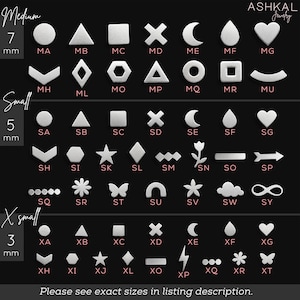 May include: A chart showing different sizes of silver charms in the shapes of a circle, triangle, square, cross, crescent moon, teardrop, heart, arrow, star, diamond, zig-zag, flower, butterfly, rainbow, cloud, infinity symbol, and lightning bolt. The sizes are labeled as "Medium", "Small", and "X-Small" with the corresponding measurements in millimeters.