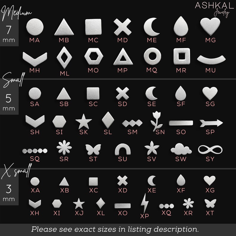 May include: A chart showing different sizes of silver charms in the shapes of a circle, triangle, square, cross, crescent moon, teardrop, heart, arrow, star, diamond, zig-zag, flower, butterfly, rainbow, cloud, infinity symbol, and lightning bolt. The sizes are labeled as "Medium", "Small", and "X-Small" with the corresponding measurements in millimeters.