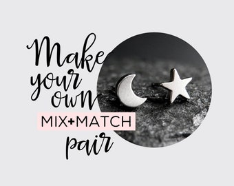 Mismatched Earring Pair: Choose 2 Shapes, Star, Moon, Heart, Circle, Flower, Nickel Free Jewelry