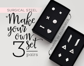 Stud Earring Set 3 Pairs • Cute mismatched earrings for multiple piercings • Second hole earrings • Surgical Stainless Steel Earrings Ashkal