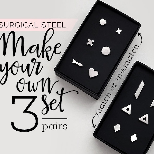 Stud Earring Set 3 Pairs • Cute mismatched earrings for multiple piercings • Second hole earrings • Surgical Stainless Steel Earrings Ashkal