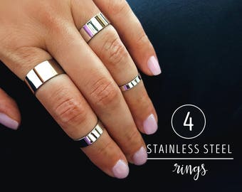 Stainless Steel Ring Set • Statement Rings • Midi Rings • Knuckle Ring Set Silver Tone • Set Of 4 Rings • Adjustable Ring Bands