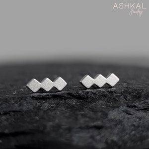 May include: A pair of silver geometric earrings with a zig-zag design. The earrings are small and delicate, and they are perfect for everyday wear.