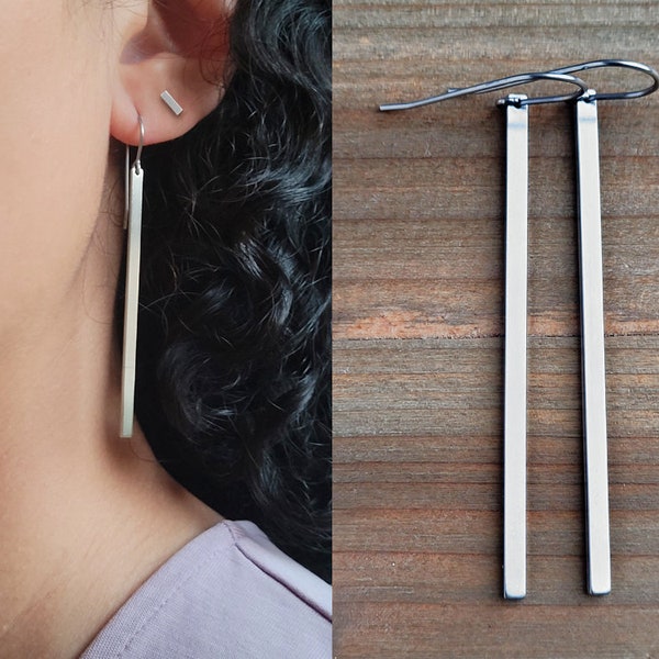 Long Dangle Bar Earrings • Surgical Steel Long Bar Earrings • Simple Long Earrings • Gift For Her • Bridesmaid Gift • No Tarnish Jewelry