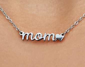 Dainty Heart Mom Necklace • Gift for first time mom • Cute Mother's Day Necklace • Stainless Steel Silver Mom Necklace Baby shower Mom gift