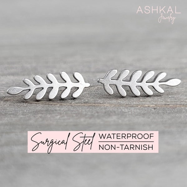 Leaf Minimalist Branch Stud Earrings • Conifer Leaf Earrings • Olive Branch Earrings • Fern Surgical Steel Stud Earrings