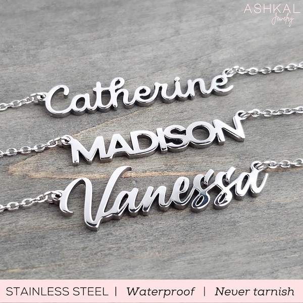 Personalized Name Necklace • Stainless Steel Silver Name Necklace • Minimalist Name Necklace • Script Necklace • Girlfriend Gift