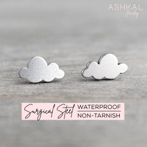 May include: A pair of silver cloud-shaped earrings made of surgical steel. The earrings are waterproof and non-tarnish.