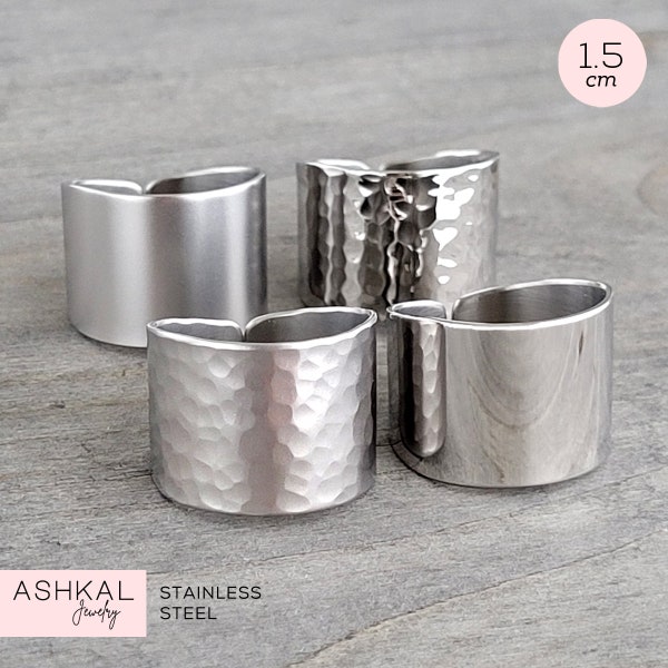 Stainless Steel Rings • 316L Stainless Steel Rings • Wide Band Ring • Adjustable Silver Cuff Rings • 1.5cm Wide Cuff Ring • Black Ring