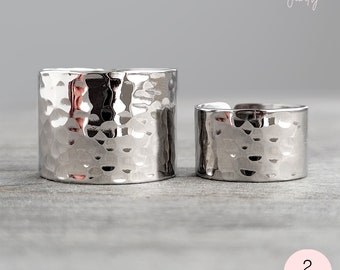 Shiny Hammered Cuff Rings • Wide Hammered Silver Rings • Stainless Steel Hammered Ring • Above The Knuckle Ring Set • Shine Finish