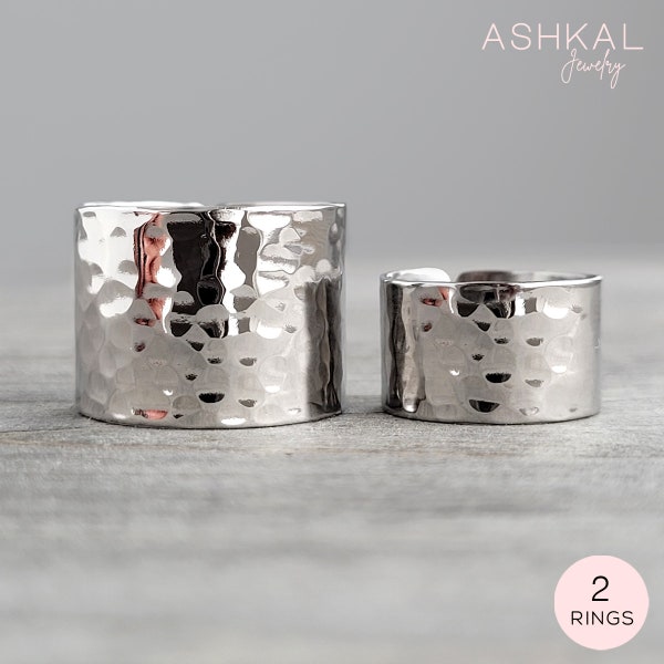 Shiny Hammered Cuff Rings • Wide Hammered Silver Rings • Stainless Steel Hammered Ring • Above The Knuckle Ring Set • Shine Finish