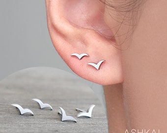 Surgical Steel Flying Birds Stud Earrings •Hypoallergenic Seagull Earrings •Set of 2 Flying Birds Earrings •Minimalist Birds Nature Earrings